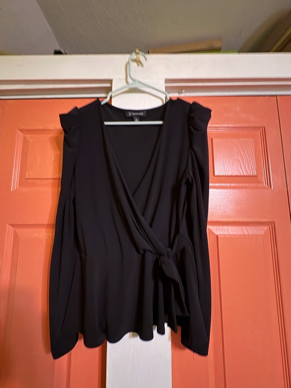 INC International Concepts Black Wrap Blouse with Shoulder Detail